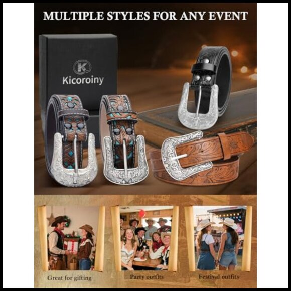 Western Belt Vintage Cowgirl Cowboy Country Style Carved Buckle PU Leather main image 4